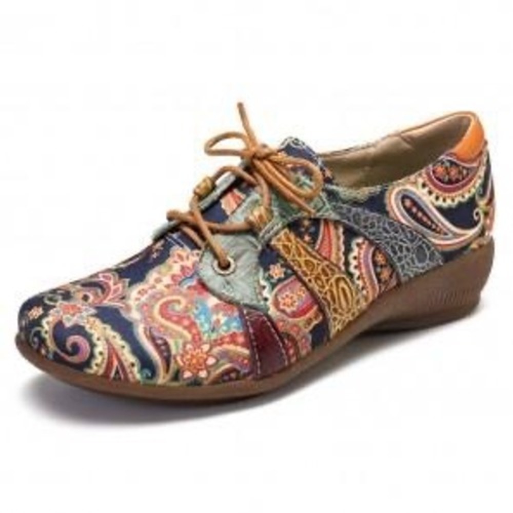 Socofy Womens Paisley Print Lace Up Loafers Bohemian Multi‎ Color Shoes Sz 40